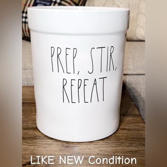 RAE DUNN Magenta White Ceramic Kitchen Utensil Holder/Crock PREP, STIR, REPEAT - Picture 1 of 2